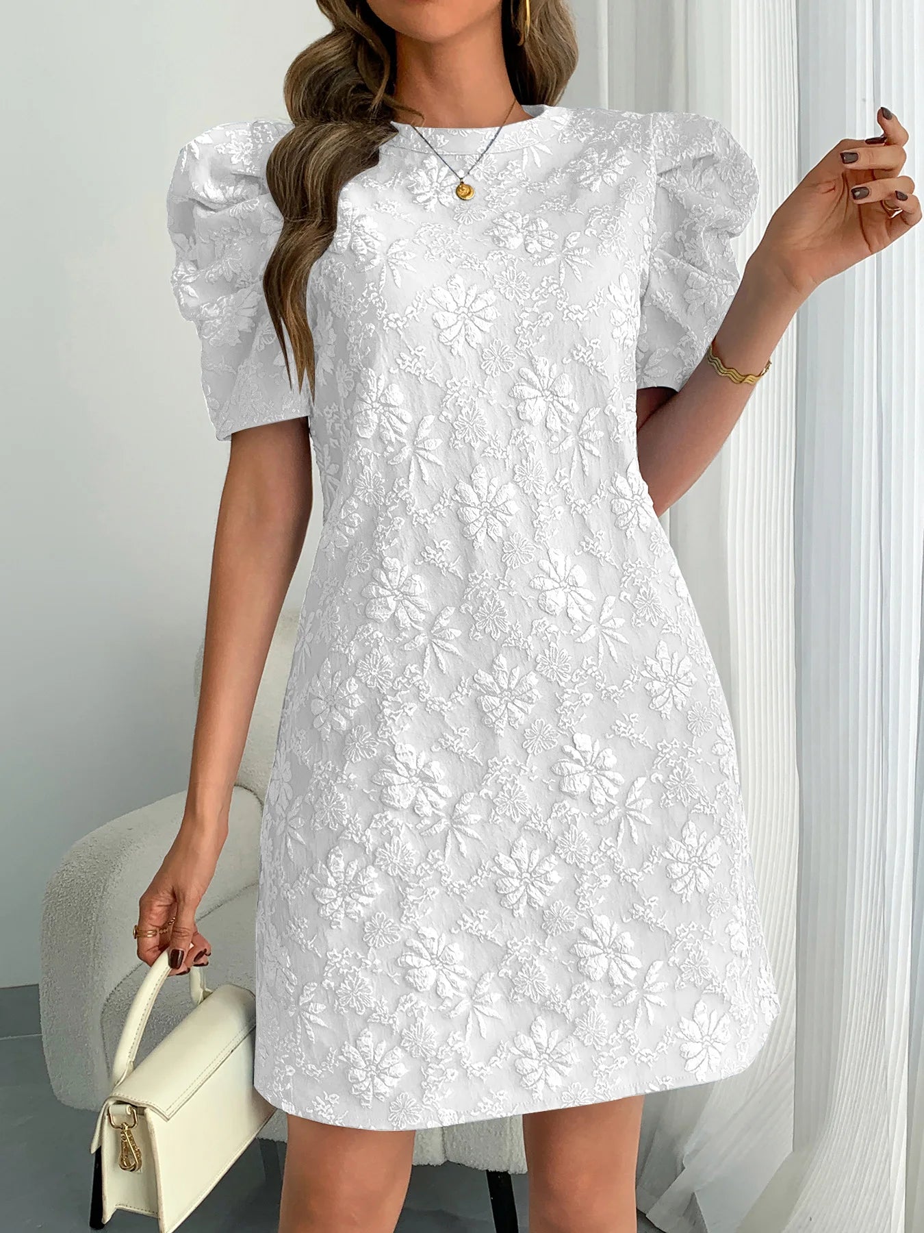 Textured Jacquard Puff Sleeve Midi Dress for Women