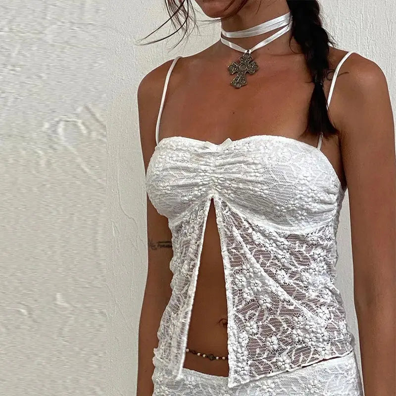 Elegant Chic Two Piece Lace Top and Skirt Set for Women