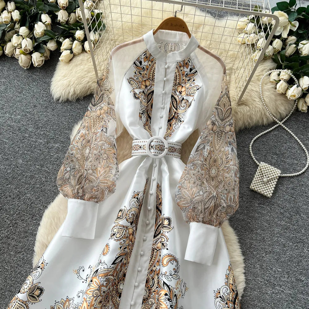 Elegant Printed Mesh Spliced A Line Maxi Dress for Women