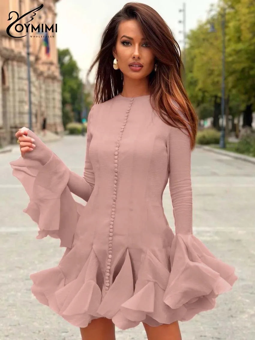 Oymimi Casual Pink O-Neck Women's Dress Fashion Petal Sleeve Single Breasted Solid Dresses Elegant High Waist Pleated Mini Dress