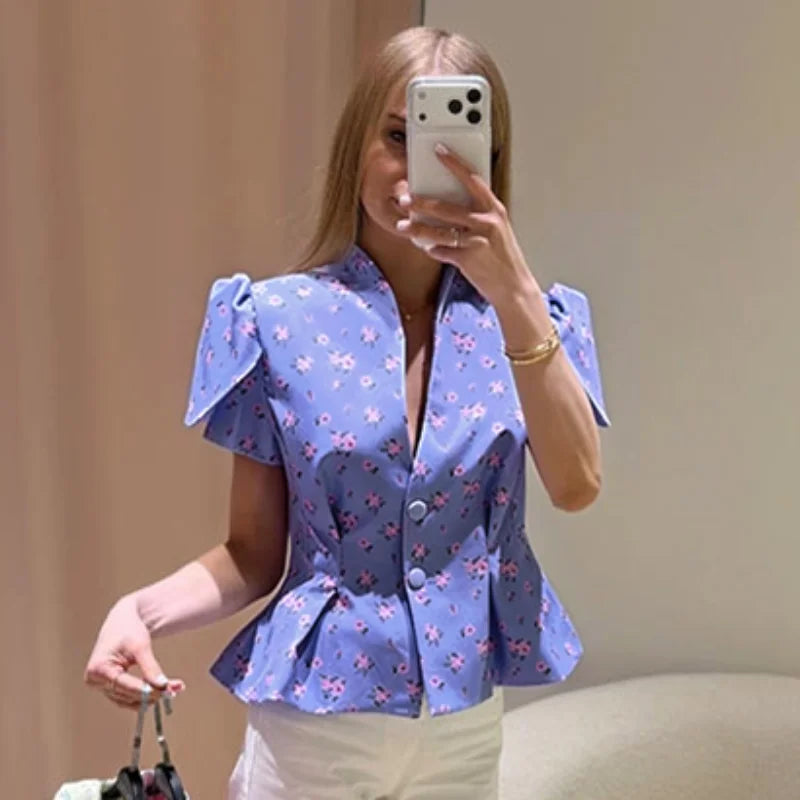 Elegant Printed Puff Sleeve Stand Collar Shirt for Women