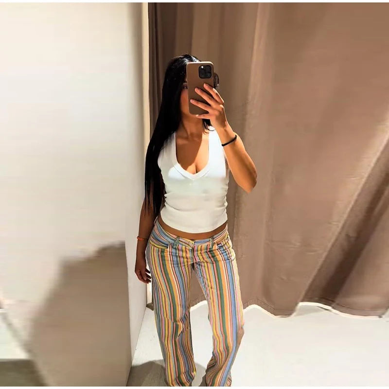 Color Block Rainbow Stripe Wide Leg Jeans for Women