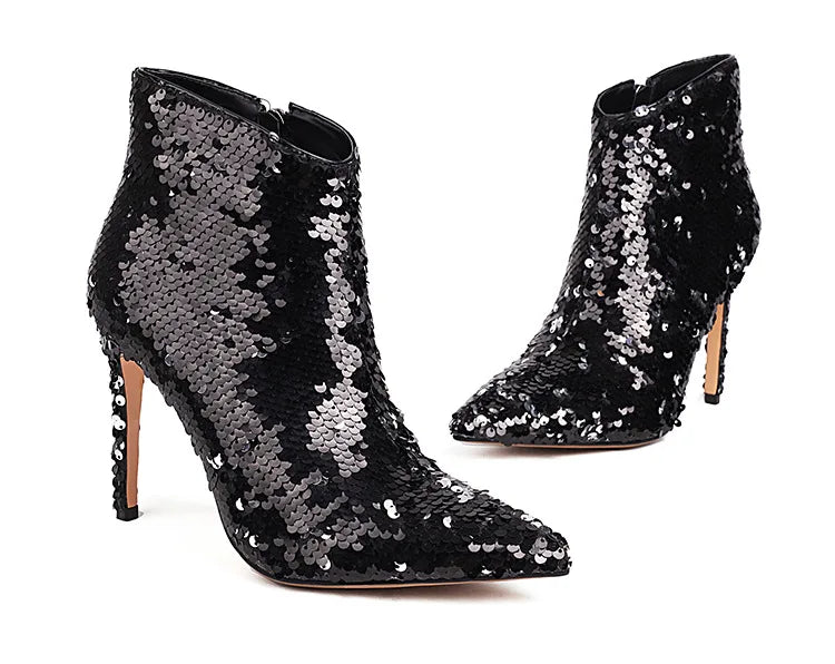 Sequined Pointed Toe Ankle Boots with Stiletto Heels for Women