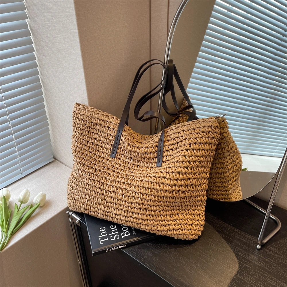 Large Capacity Straw Woven Shoulder Tote Bag for Women