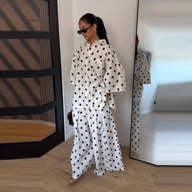 Elegant Polka Dot Shirt And Wide Leg Pants Set for Women