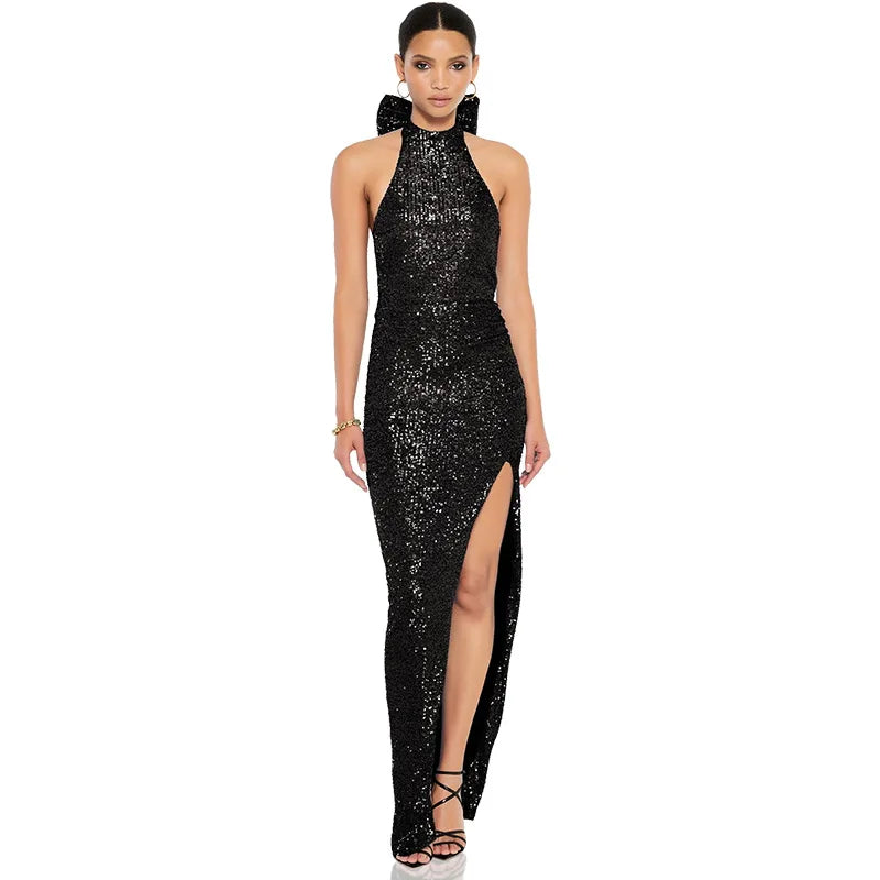 Glitter Sequin Bow Halter Elegant Maxi Dress for Women
