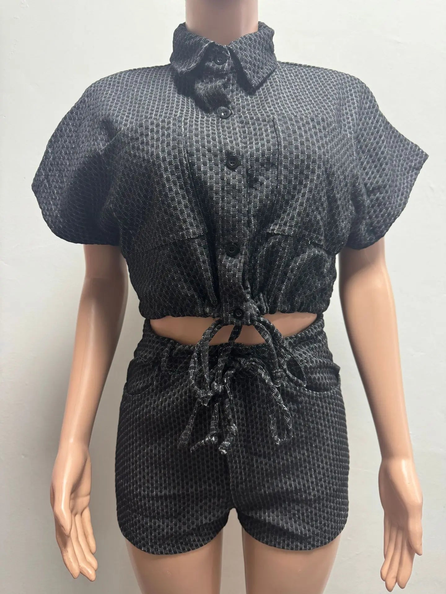 Embroidered Polo Neck Two Piece Denim Shorts Set for Women