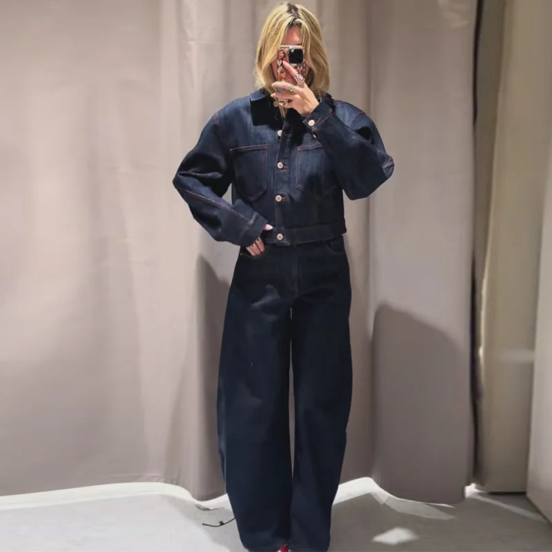 Chic Heart Print Denim Coat and Pants Set for Women