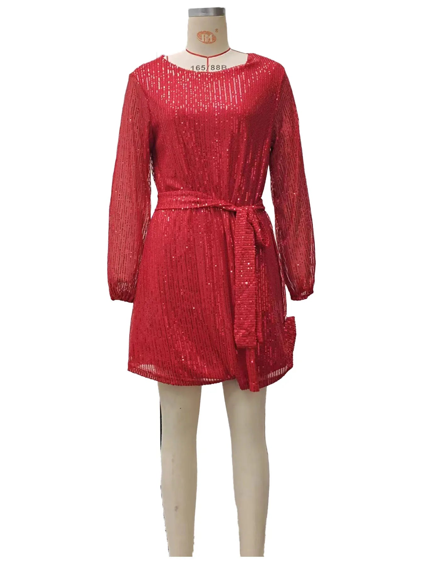 Sparkly Puff Long Sleeve Party Dress with Belt for Women Glitter Beaded Mini Dress Loose Wedding Bridesmaid Ladies Short Dresses