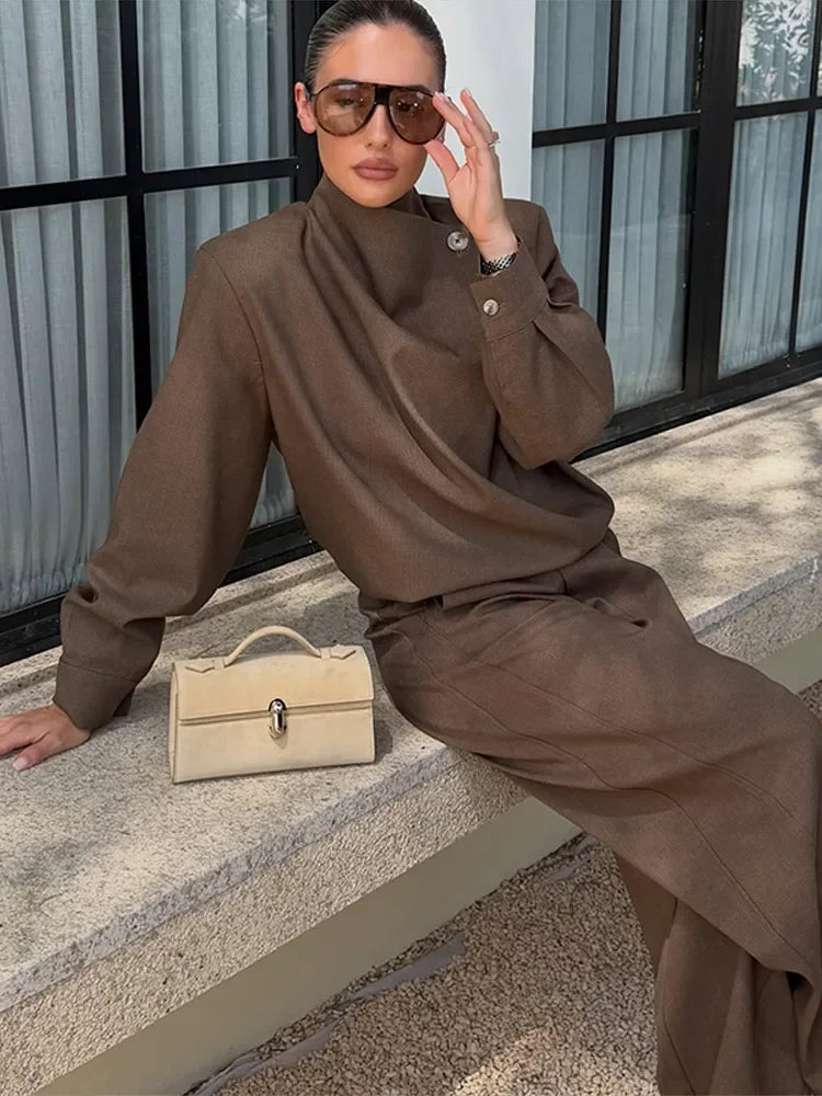 Solid Draped Funnel Neck Long Sleeve Wide Leg Two Piece Set For Women