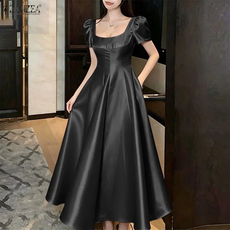 Square Neck Satin Puff Sleeve Maxi Dress