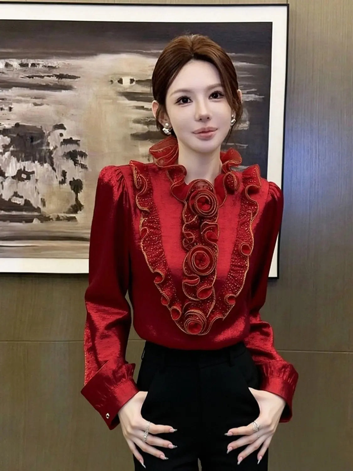 French Inspired Red Scalloped Edge Casual Top for Women