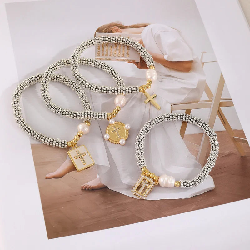 Cubic Zirconia Pearl Cross Bracelet