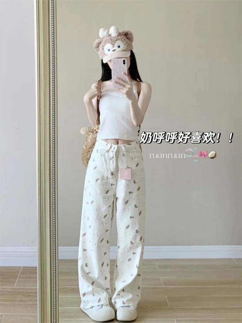 High Rise Wide Leg Printed Denim Pants For Women