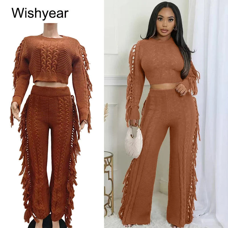 Casual Winter Warm Knitted Sweater Tassel 2 Piece Set  Women Long Sleeve Crop Top and Pants Streetwear outdoors vacation Outfits