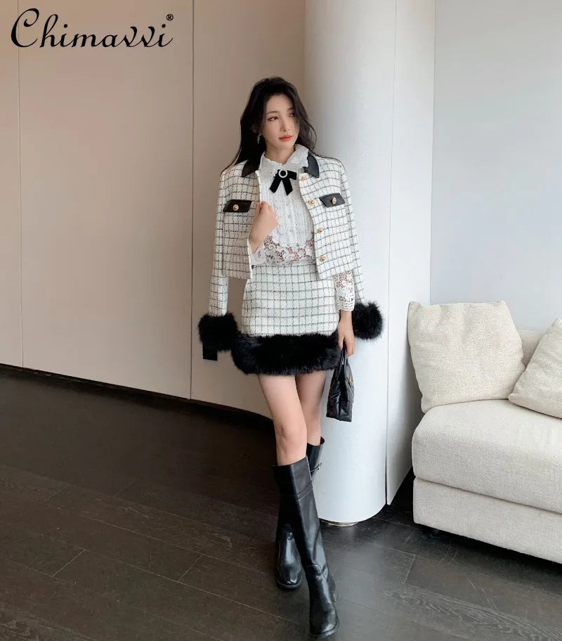 High-end French Fashion White Plaid Tweed Coat High Waist Short Skirt Long Sleeve Dress 2025 Autumn Winter Women's Clothing