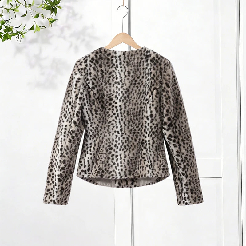 Leopard Print Faux Fur Single Breasted Crop Jacket for Women