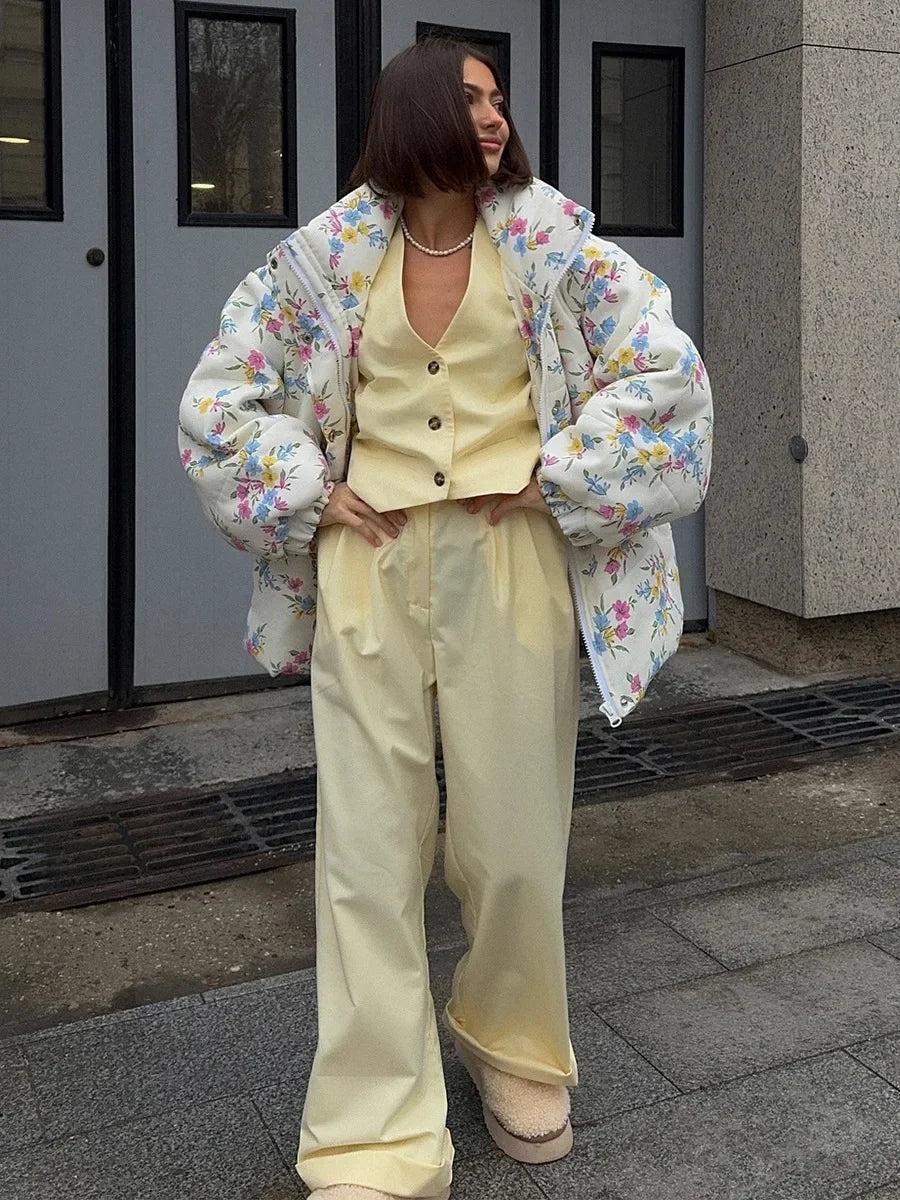 Floral Print Oversized Stand Collar Puffer Jacket For Women