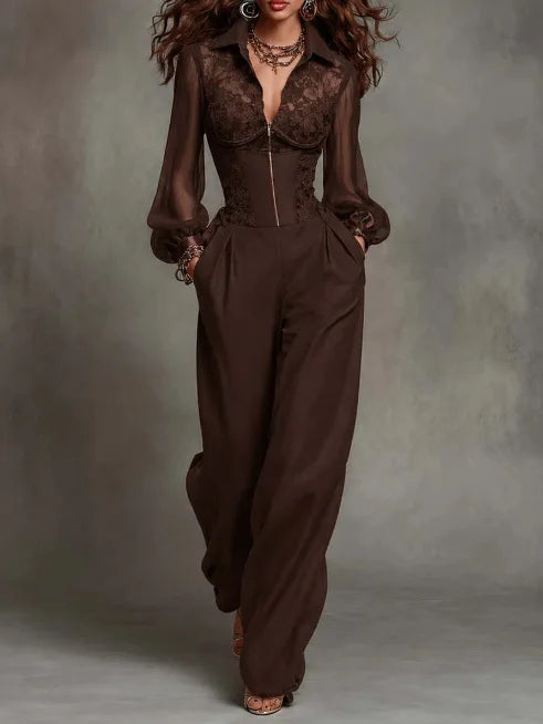Lace Long Sleeve V-Neck Loose Fit Jumpsuit for Women