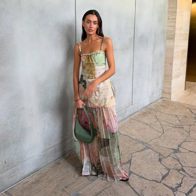Long Printed Patchwork A-line Beaded Sleeveless Backless Dress for Women