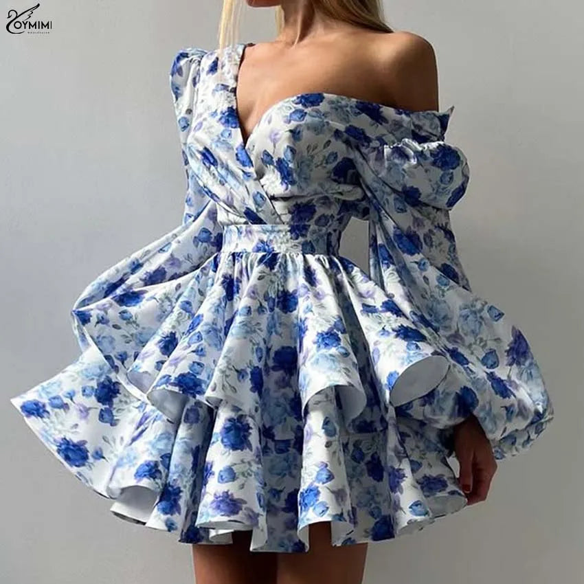 Oymimi Fashion Blue Print Womens Dresses Elegant V-Neck Long Sleeve Zipper Dresses Casual High Waist Pleated Mini Dress Female