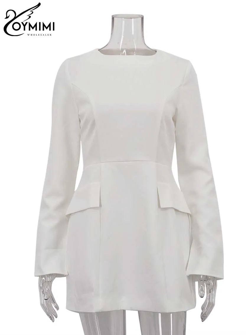 Oymimi Casual White O-Neck Dresses For Women Elegant Long Sleeve Slim Pockets Dresses Autumn Straight Mini Dress Female Clothing