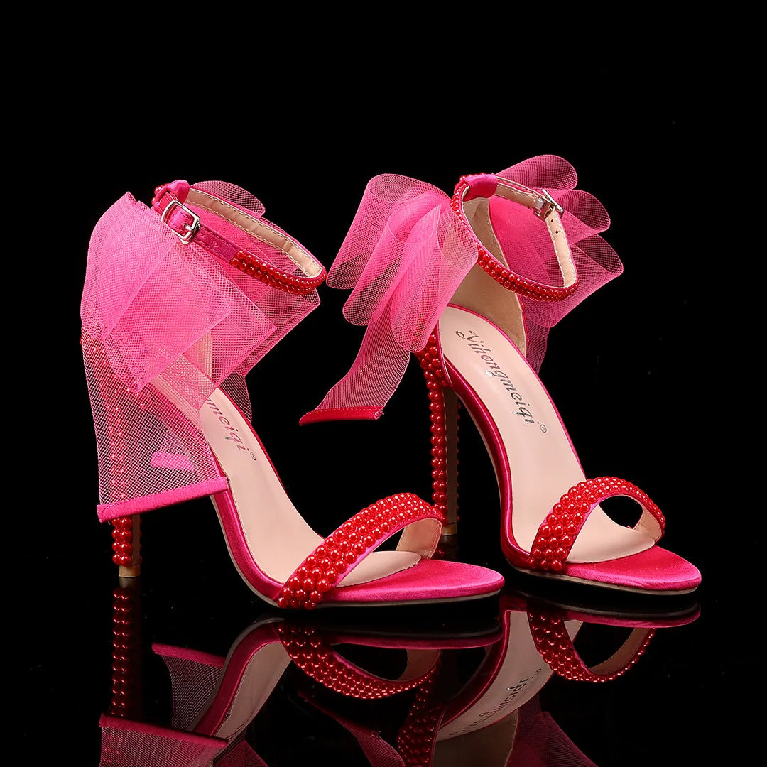 Elegant Pearl Beaded Mesh Bowknot Sandals for Women