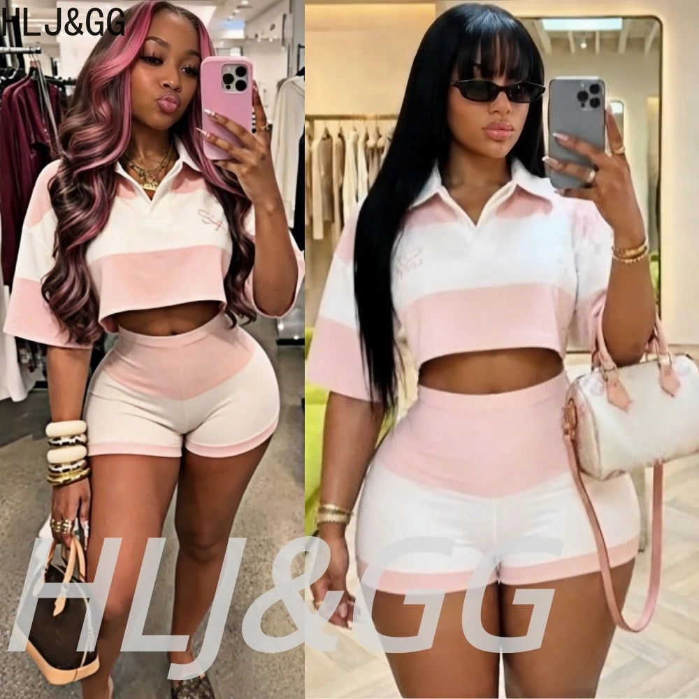 Pink Color Block V Neck Crop Top and Shorts Set for Women