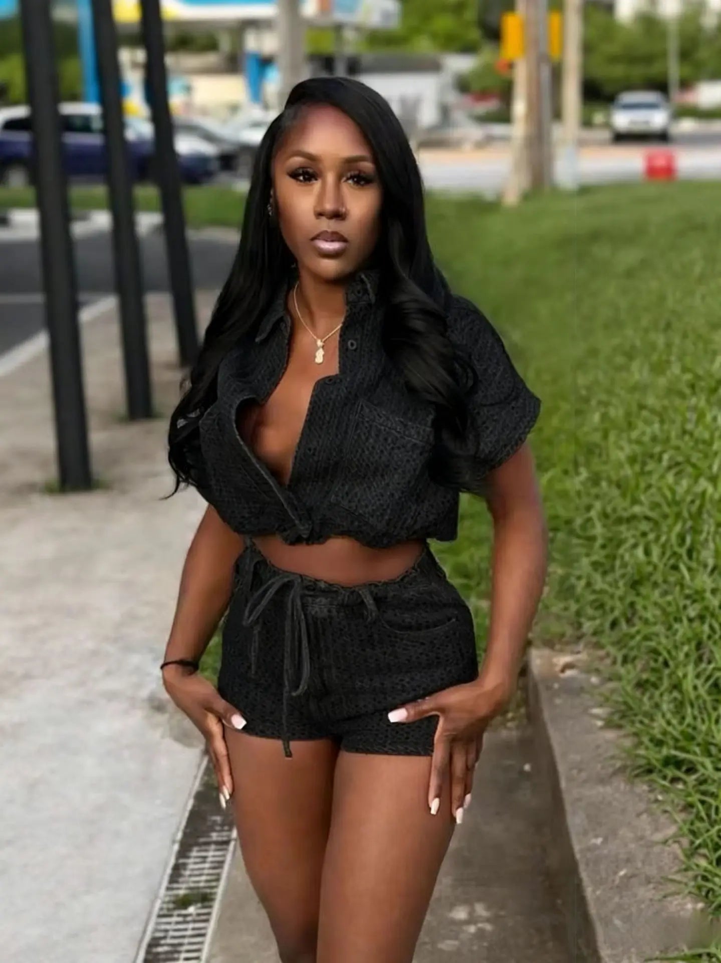 Embroidered Polo Neck Two Piece Denim Shorts Set for Women