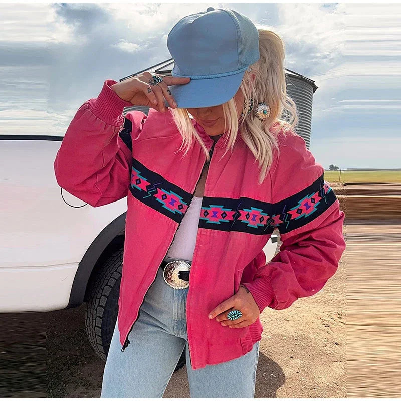 Printed Zippered Stand Collar Lightweight Jacket for Women
