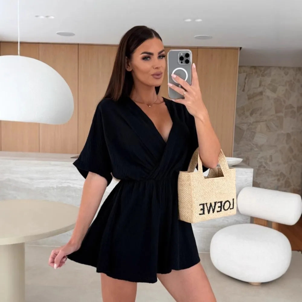 Elegant Deep V Neck Short Sleeve White Romper for Women