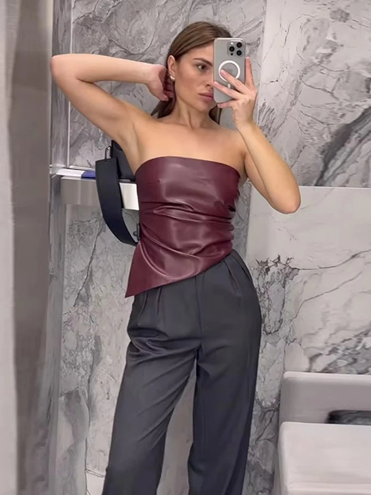 Zippered PU Leather Tube Top