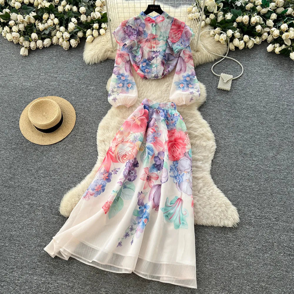 Floral Two Piece Skirt Set With Long Sleeves for Women