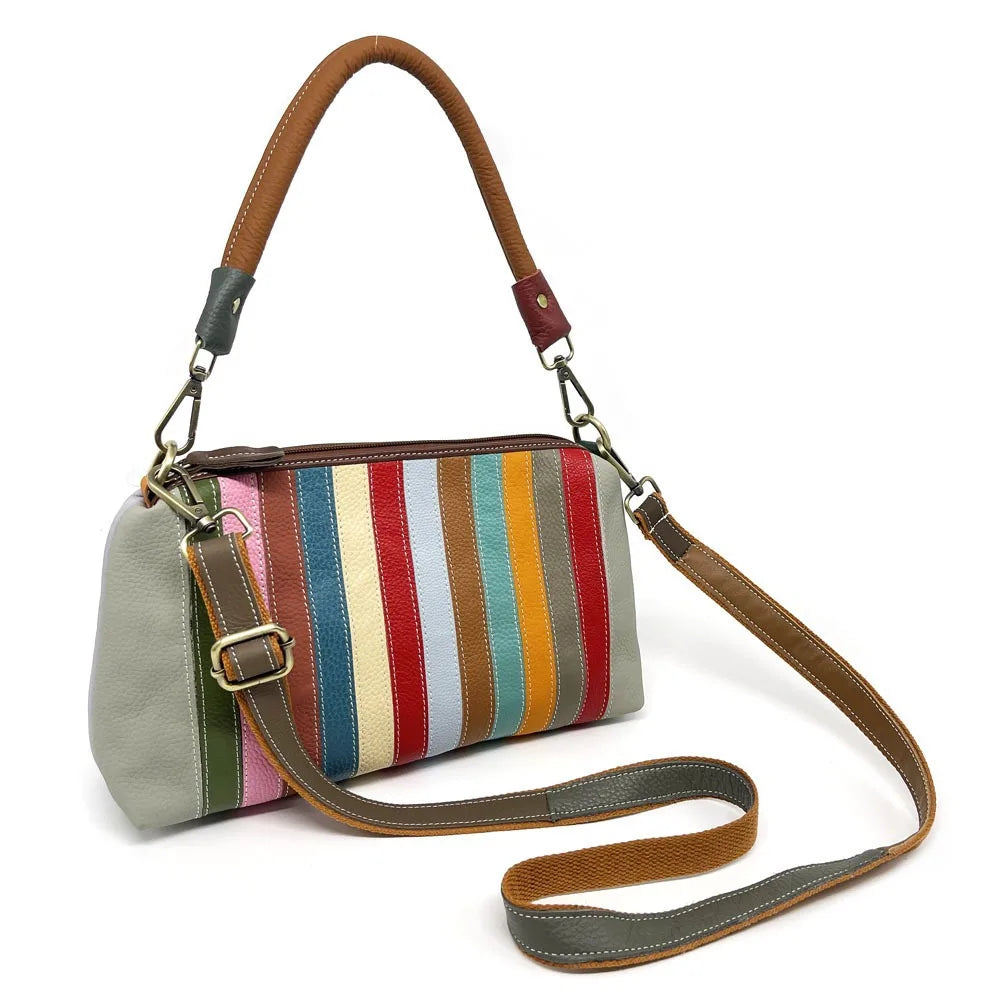 Leisure and versatile women's bag colorful leather splicing strip bag seven color rainbow bag, single shoulder crossbody handbag
