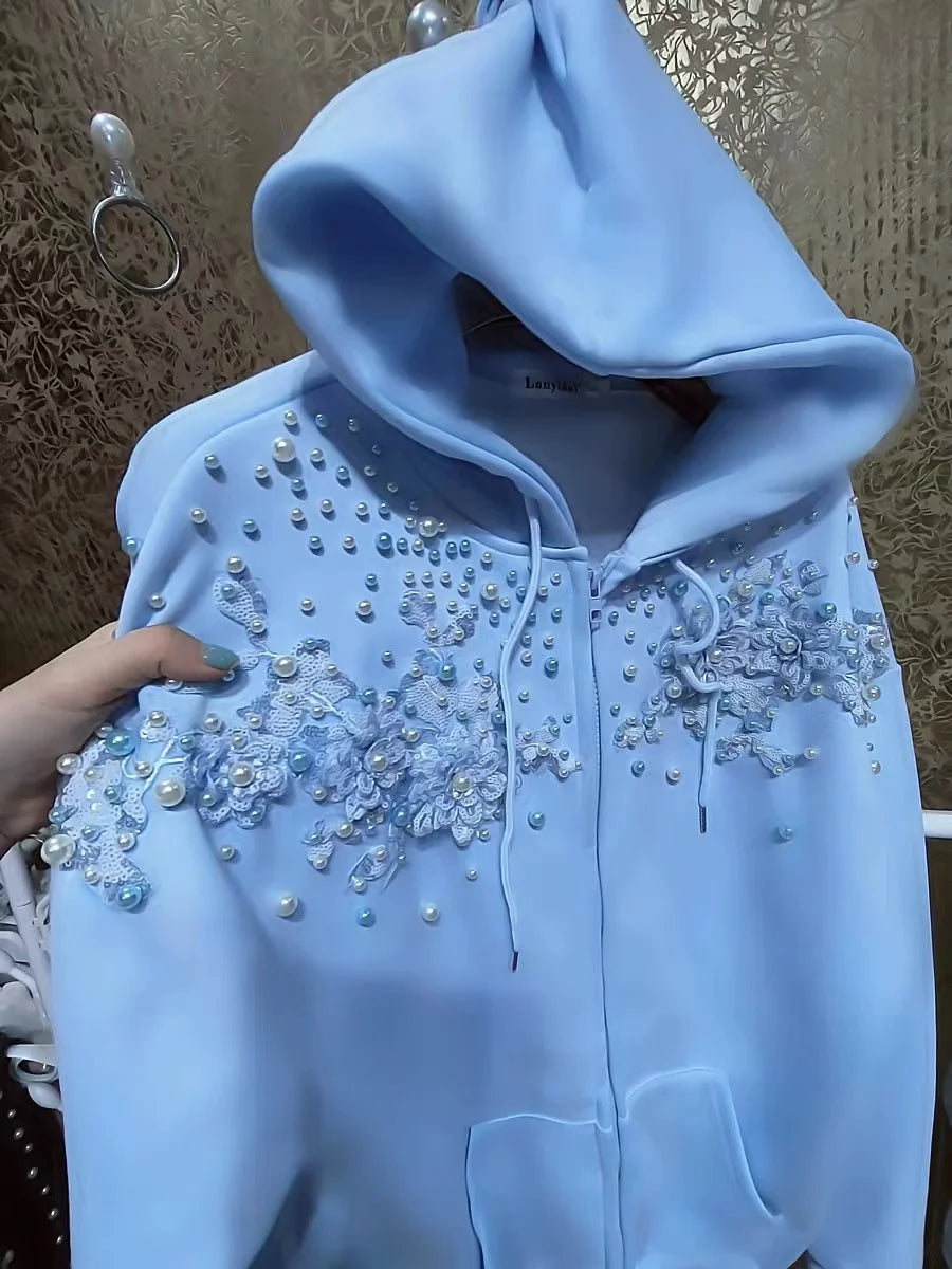 Beaded Sequined Stitch Hoodie Women Cotton Sweatshirts Long Sleeve Outerwears Female Zipper Cardigan Coat 2025 Woman Clothing