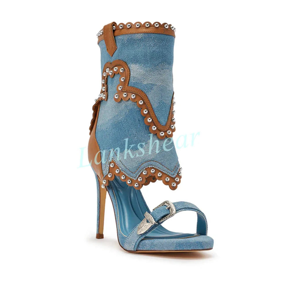 Retro Denim Western Ankle Boots with Ornate Buckle for Women