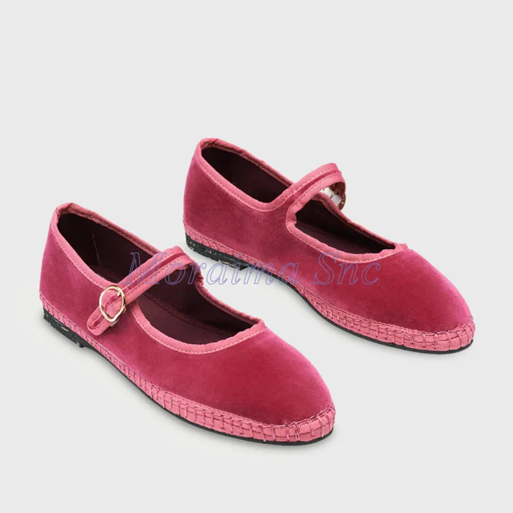Round Toe Grey Velvet Mary Jane Ballet Flats for Women