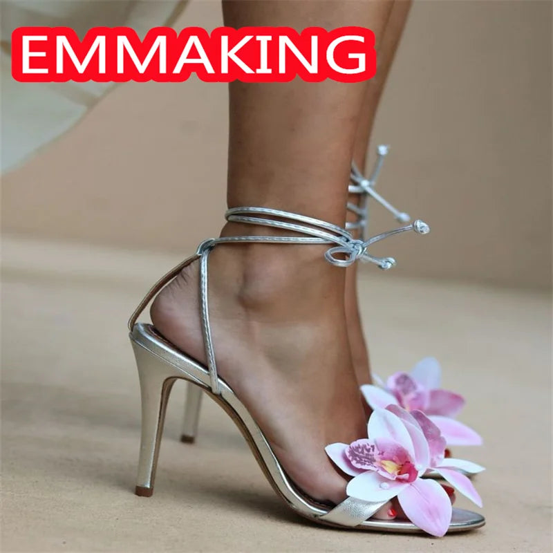 Metallic Gold Ankle Strap Floral Lace Up High Heel Sandals For Women