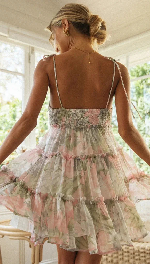 Vintage Print Chiffon Backless Summer Midi Dress For Women