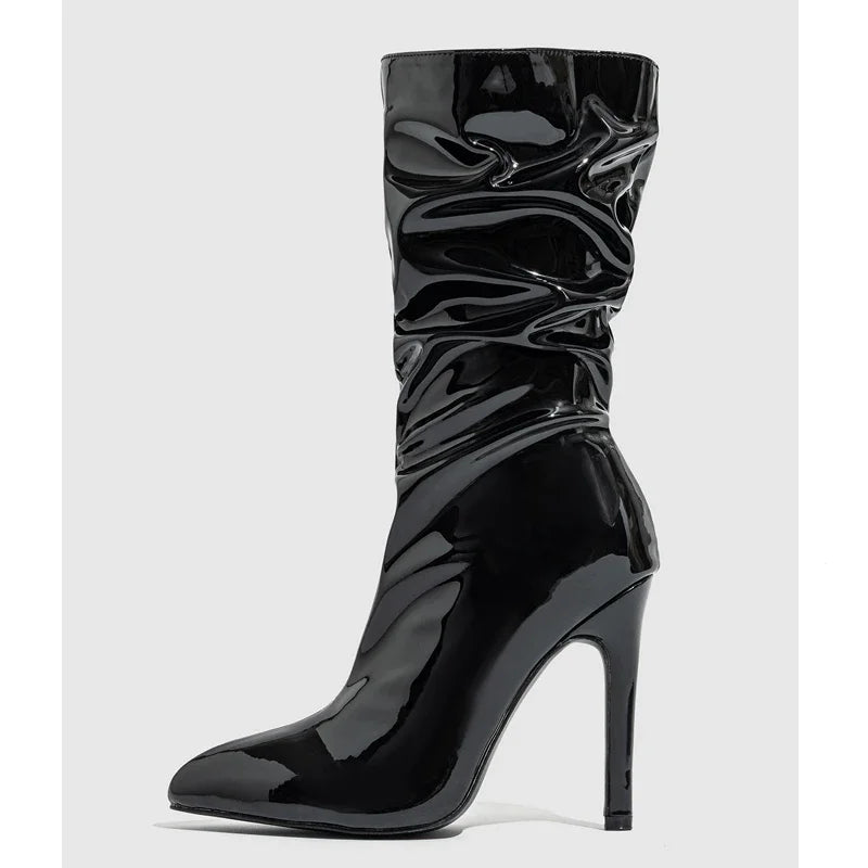 High Heel Patent Leather Pleated Ankle Boots for Women