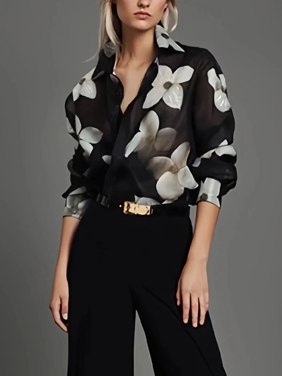 Beauty Blue Women's Elegant Blouses&shirts Floral Printed Tops Casual Long Sleeves Button Chic Loose Female Lapel Office Shirts