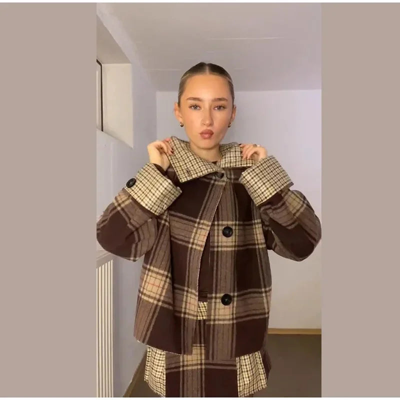 Elegant Chic Loose Fit Grid Coat and Skirt Set for Women