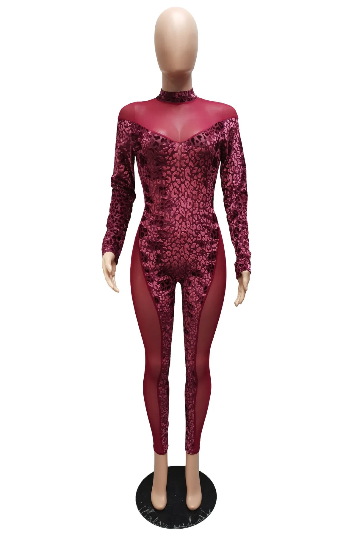 Sheer Leopard Mesh Jumpsuit With Long Sleeves for Women