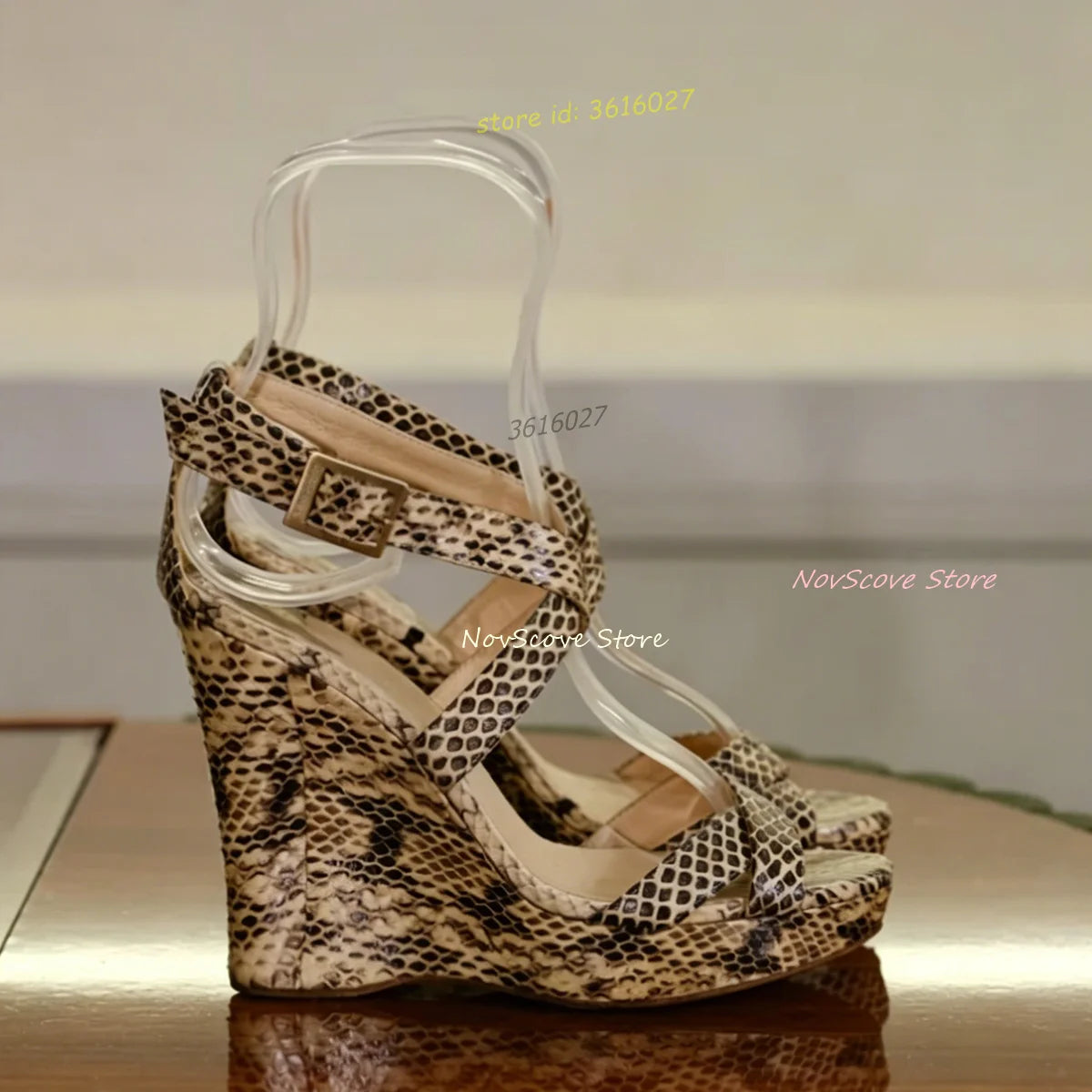 Open Toe Snake Print Leather Wedge Sandals With Crisscross Straps For Women