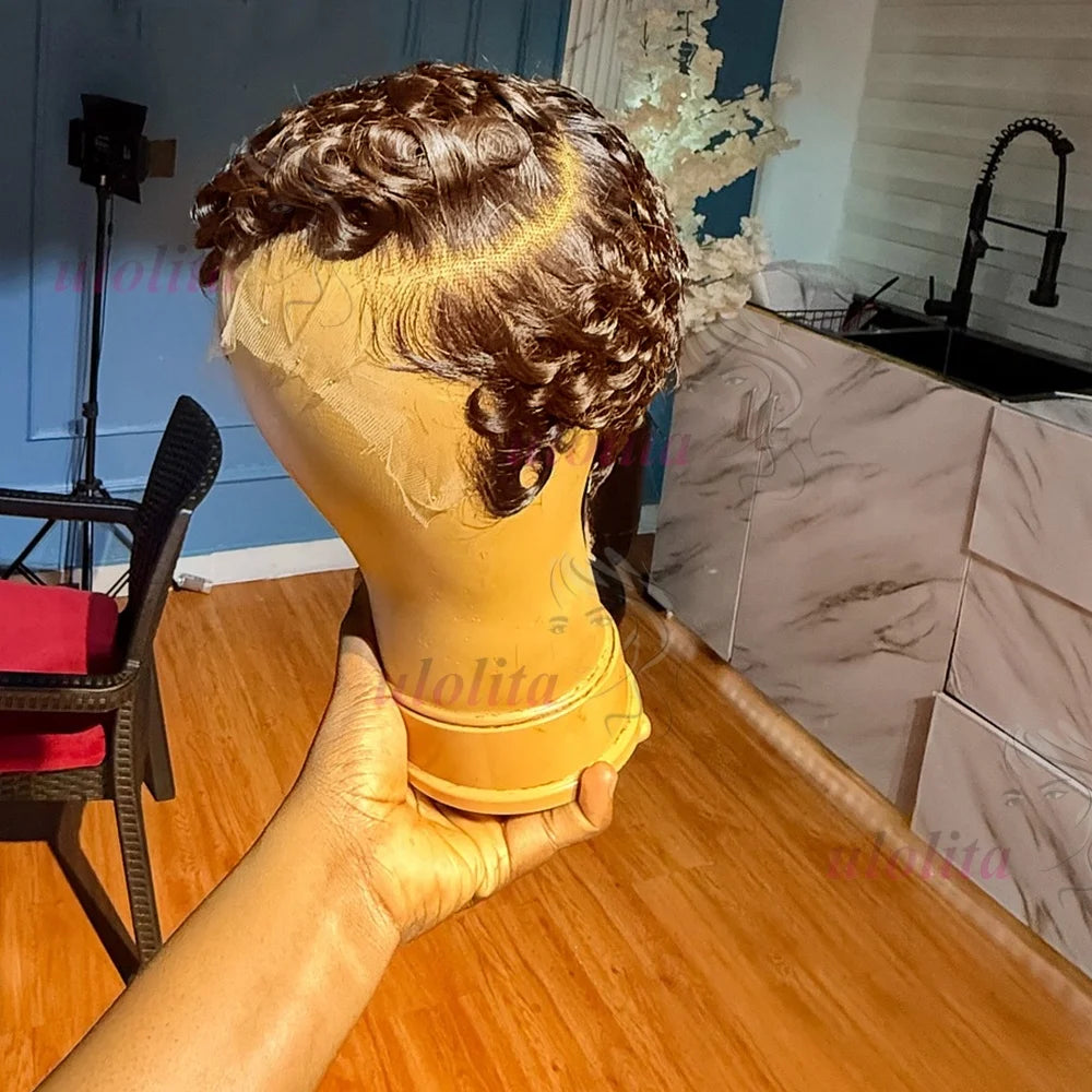 Short Layered Curly Pixie Lace Frontal Wig for Women