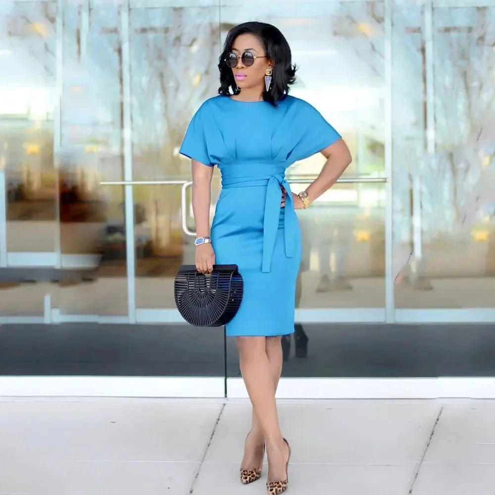 Women's Elegant Pencil Midi Dress Short Sleeve Party Cocktail Dresses with Belt