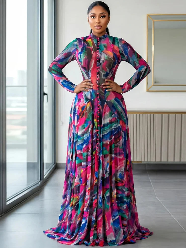 Chic O-Neck Printed Long Sleeve Casual Summer Dress for Women
