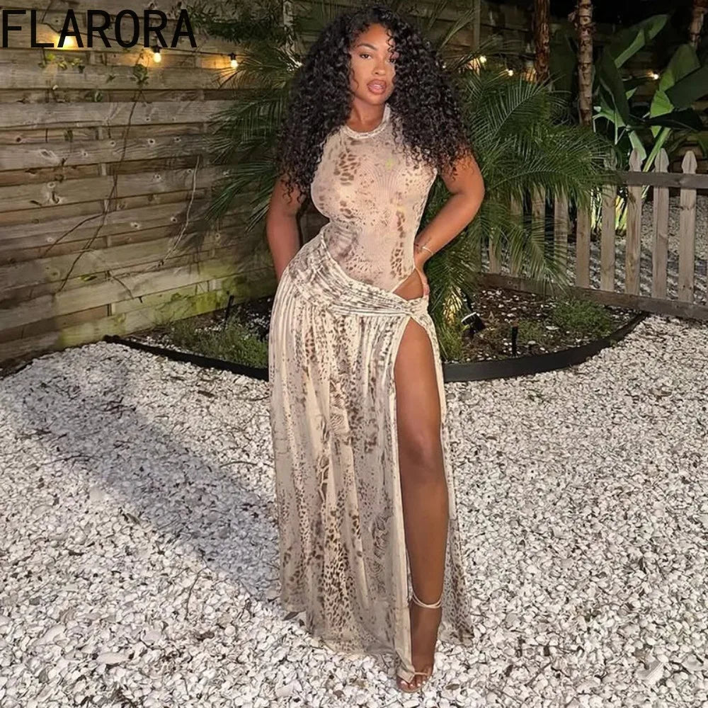 Leopard Print Bodysuit And Split Skirt Set for Women