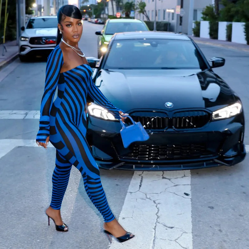 Striped Square Neck Backless Long Sleeve Jumpsuit for Women