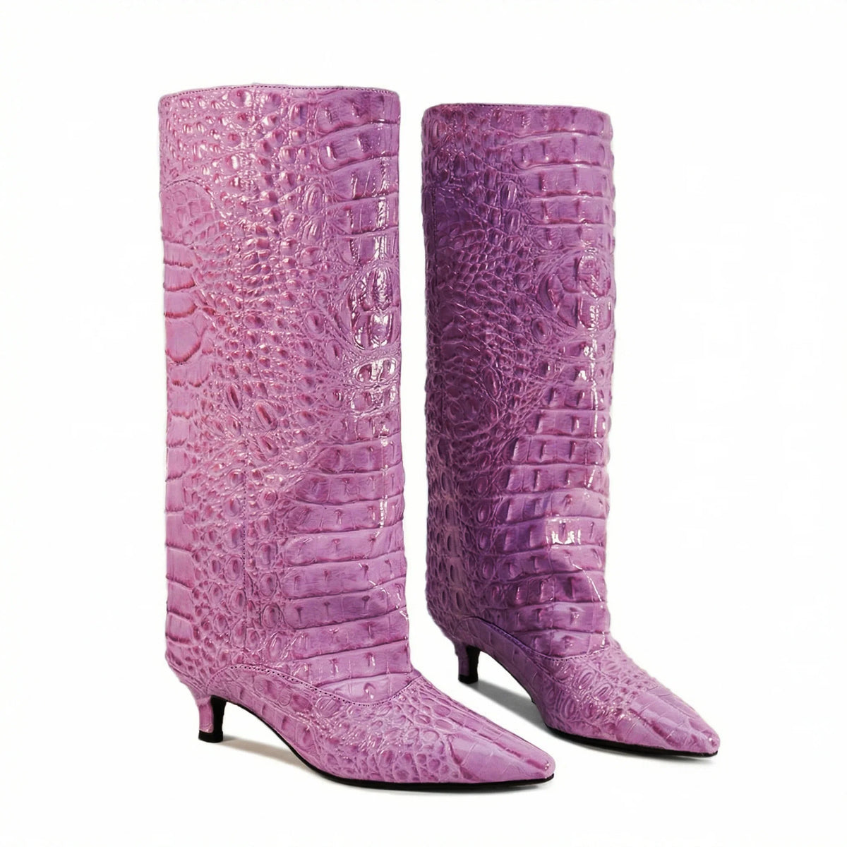 Crocodile Print Wide Shaft Kitten Heel Knee High Boots for Women